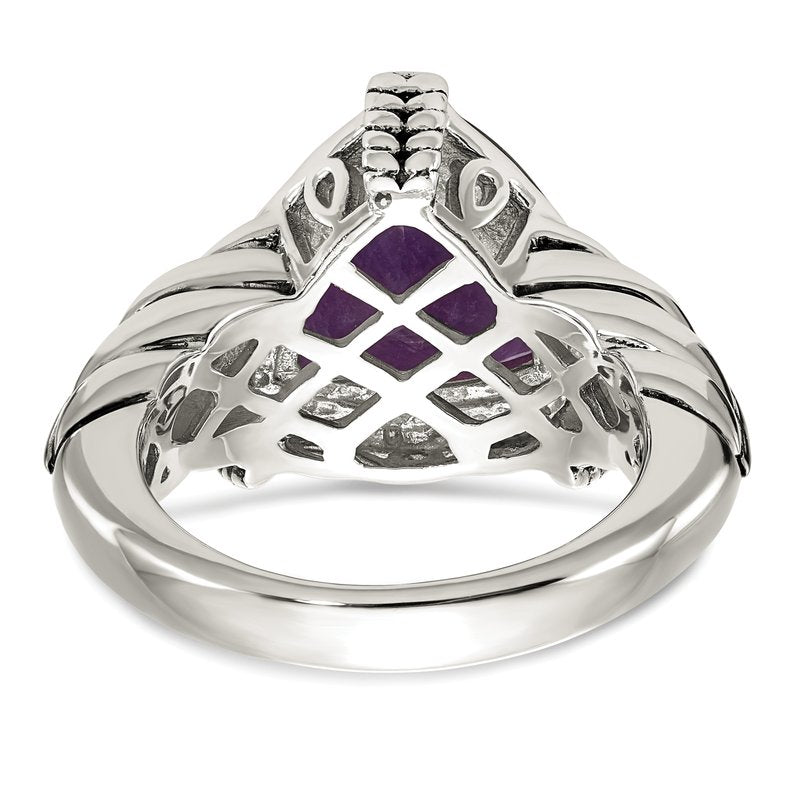 Sterling Silver with 14K Accent Antiqued Trillion Amethyst and Diamond Ring
