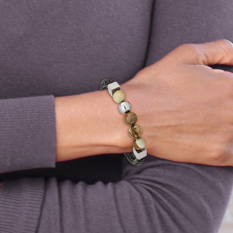 Stainless Steel Polished with Brown Jasper Beads Black Leather 8 inch Bracelet