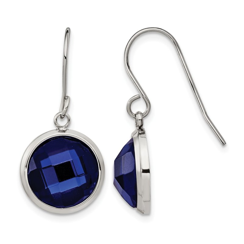 Stainless Steel Polished with Blue Glass Dangle Shepherd Hook Earrings