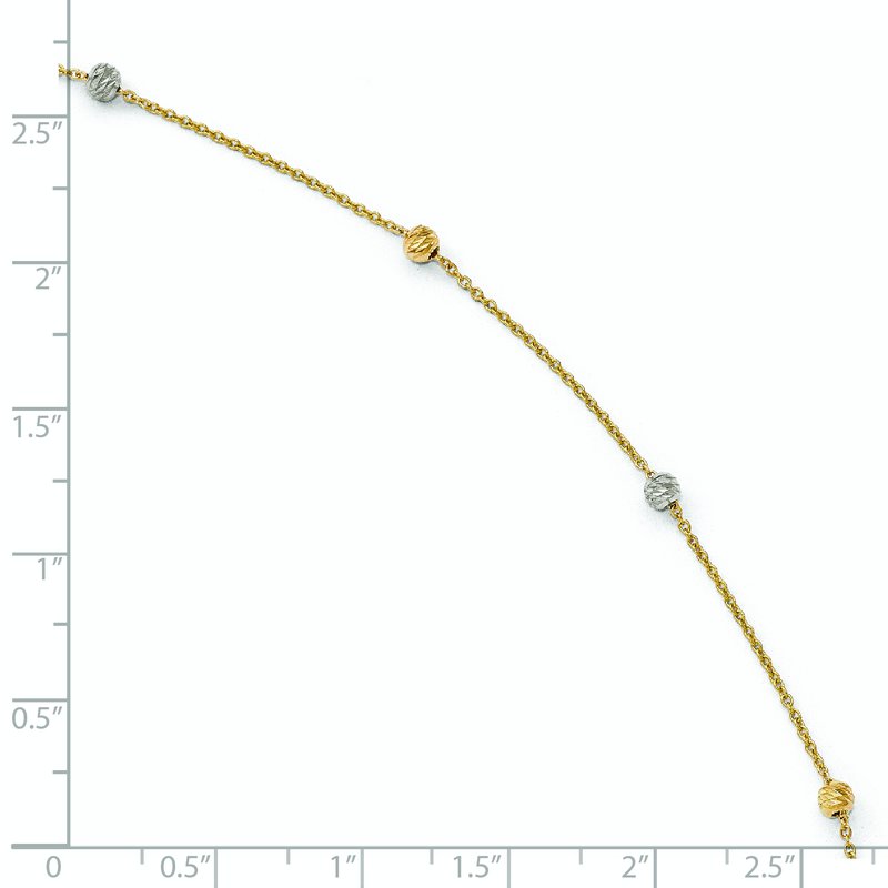 14K Two-Tone Diamond-cut Bead 6-Station 9 inch Plus 1 inch Extender - Total 10 inch Anklet