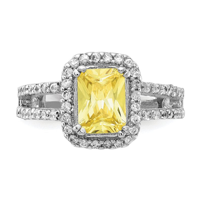 Sterling Silver Rhodium-plated Fancy Yellow Elongated Cushion-cut and White Brilliant-cut CZ Halo Ring