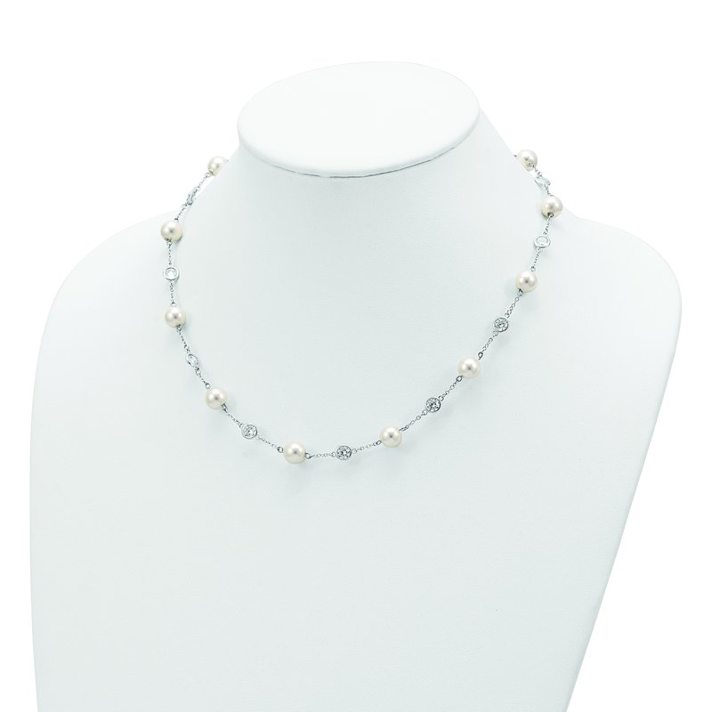 Sterling Silver Rhodium-plated Glass Pearl and Brilliant-cut CZ Bezel Station 18.25 Inch Necklace