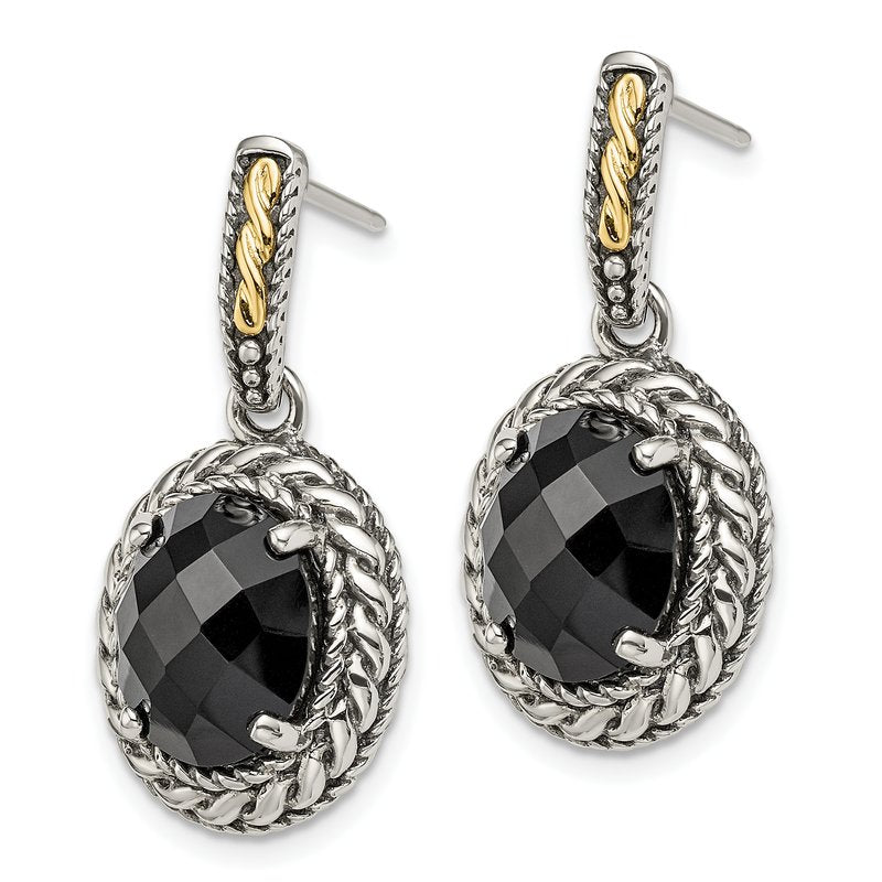 Sterling Silver with 14K Accent Antiqued Checkerboard-cut Black Onyx Post Dangle Earrings