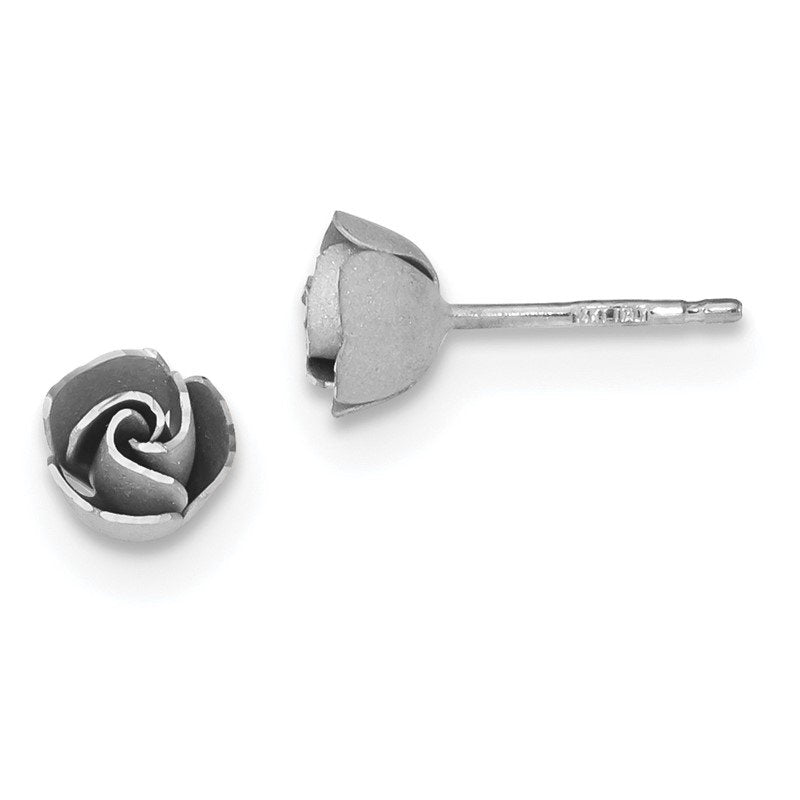 14k and White Rhodium Satin Finish D/C Rose Post Earrings with Yellow Gold Earring Backs