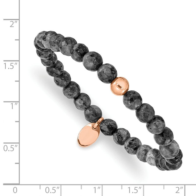 Stainless Steel Polished Rose IP-plated 6mm Spectrolite Beaded Stretch Bracelet