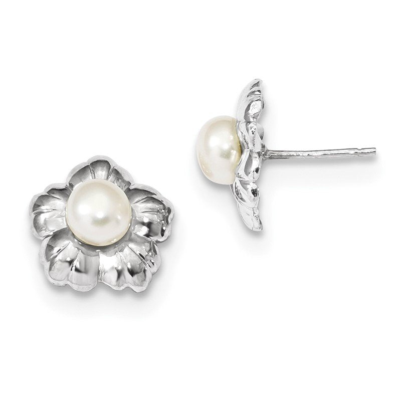 14k White Gold 5-6mm White Button Freshwater Cultured Pearl Flower Post Earrings