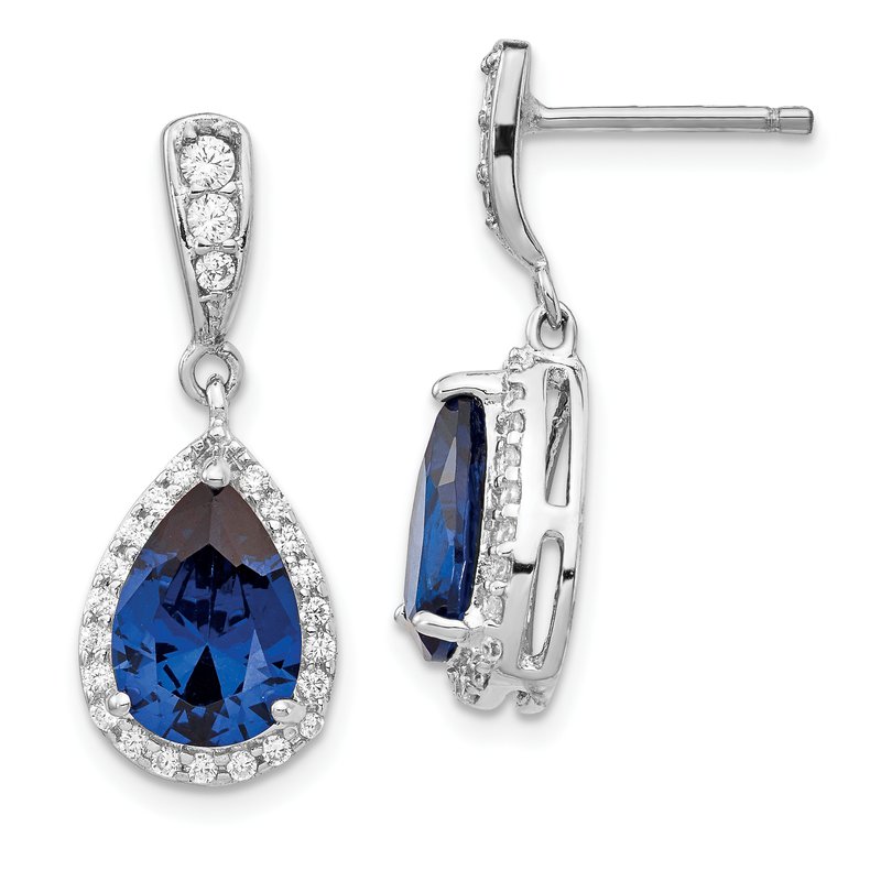 Sterling Silver Rhodium-plated Brilliant-cut Lab Created Dark Blue Spinel and Brilliant-cut White CZ Teardrop Post Dangle Earrings