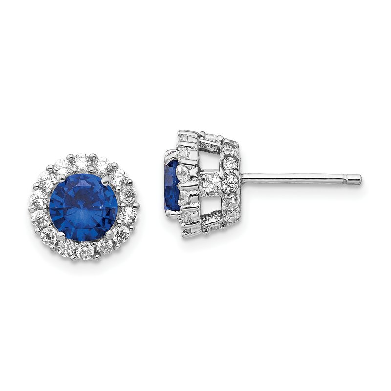 Sterling Silver Rhodium-plated Brilliant-cut Lab Created Dark Blue Spinel and Brilliant-cut White CZ Round Halo Post Earrings