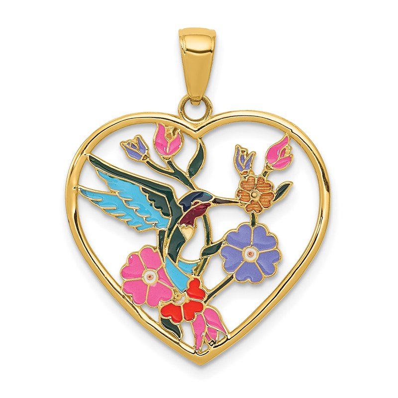 14k Enameled Hummingbird with Flowers Heart Pendant