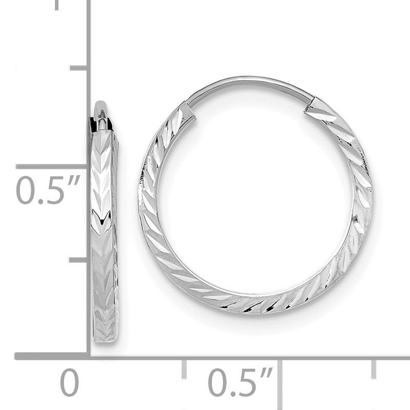 14k White Gold 1.35x15mm Diamond-cut Square-Tube Endless Hoop Earrings