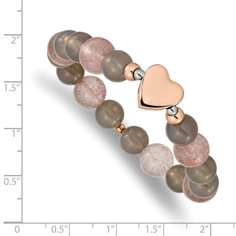 Stainless Steel Polished Rose IP-plated Heart 10mm Grey Agate and Strawberry Quartz Beaded Stretch Bracelet