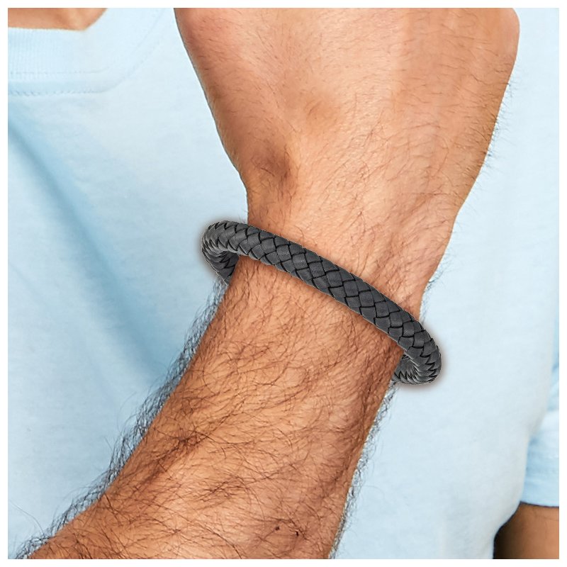 Stainless Steel Brushed Grey Braided Leather 8.25 inch Bracelet