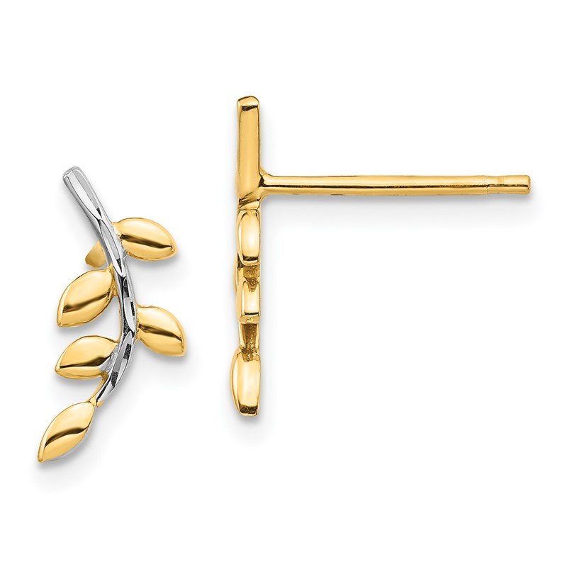 14K &amp; White Rhodium Leaves Post Earrings
