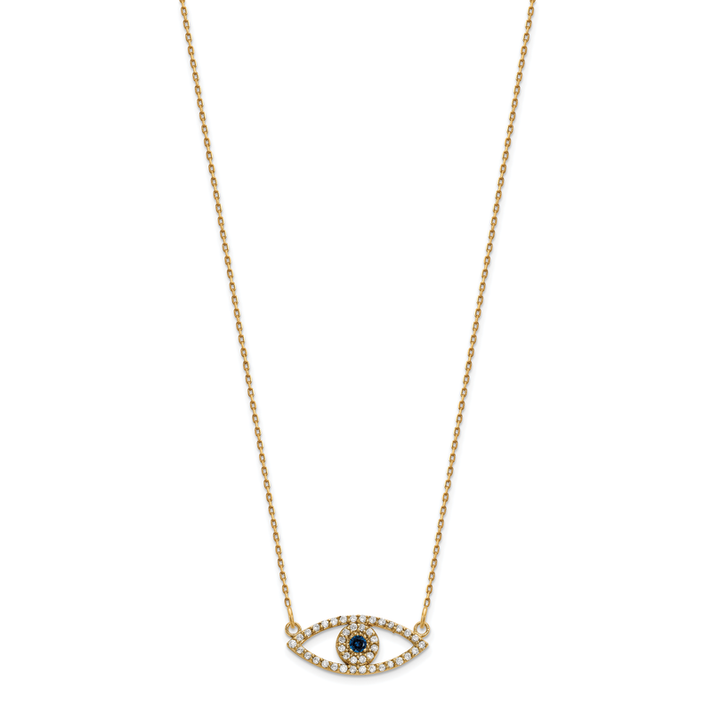 14k Polished 1/6 carat Diamond and Sapphire Small Evil Eye 18 inch Necklace
