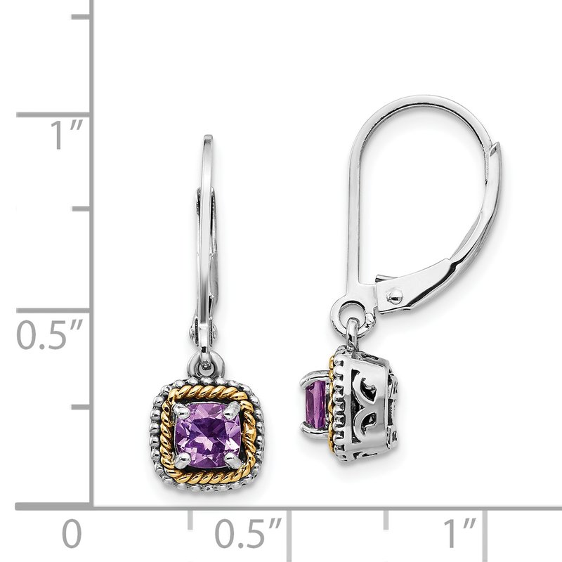 Sterling Silver with 14K Accent Antiqued Cushion Amethyst Leverback Dangle Earrings
