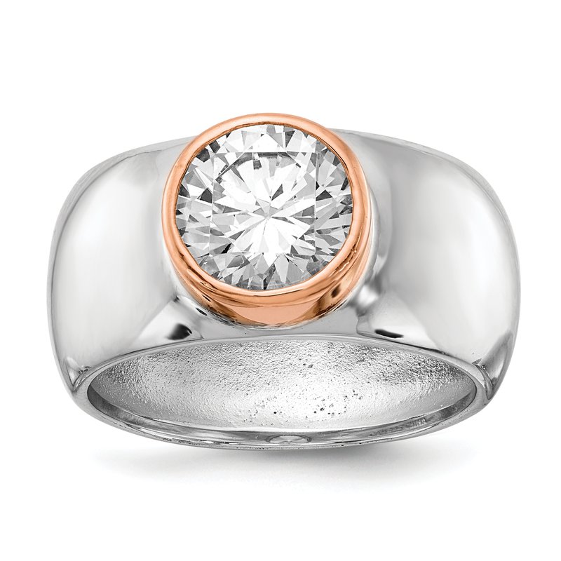 Sterling Silver Rhodium-plated and Rose Gold-plated Accent Brilliant-cut CZ Bezel Ring