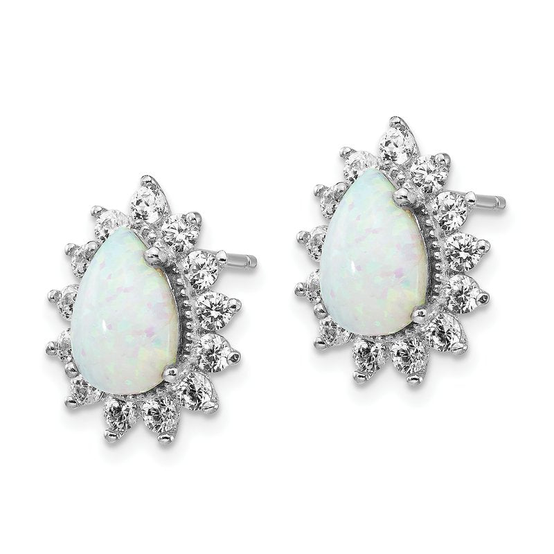 Sterling Silver Rhodium-plated Cabochon Lab Created Opal and Brilliant-cut CZ Teardrop Halo Post Earrings