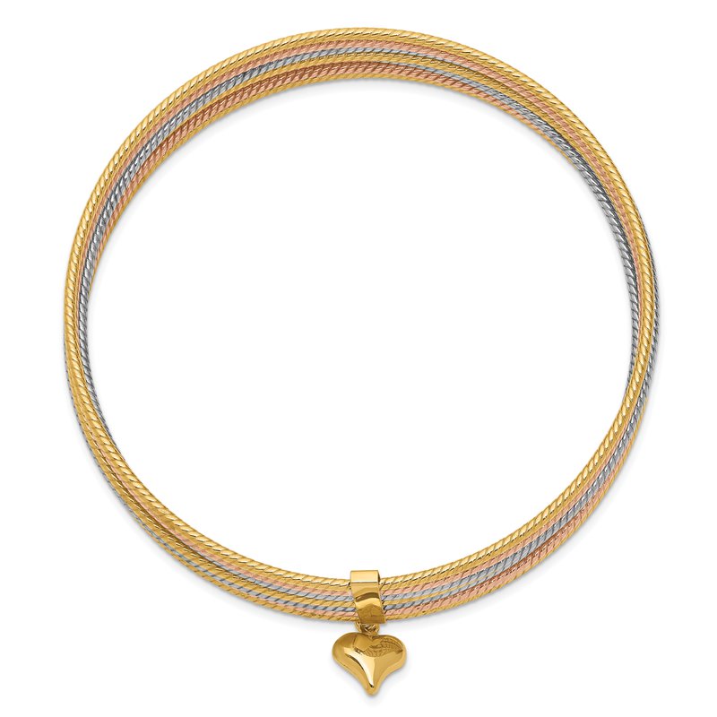 14K Oversize Tri-color Polished and Textured with Dangle Heart 7-Strand 11.00mm Slip-on Round Bangle Bracelet