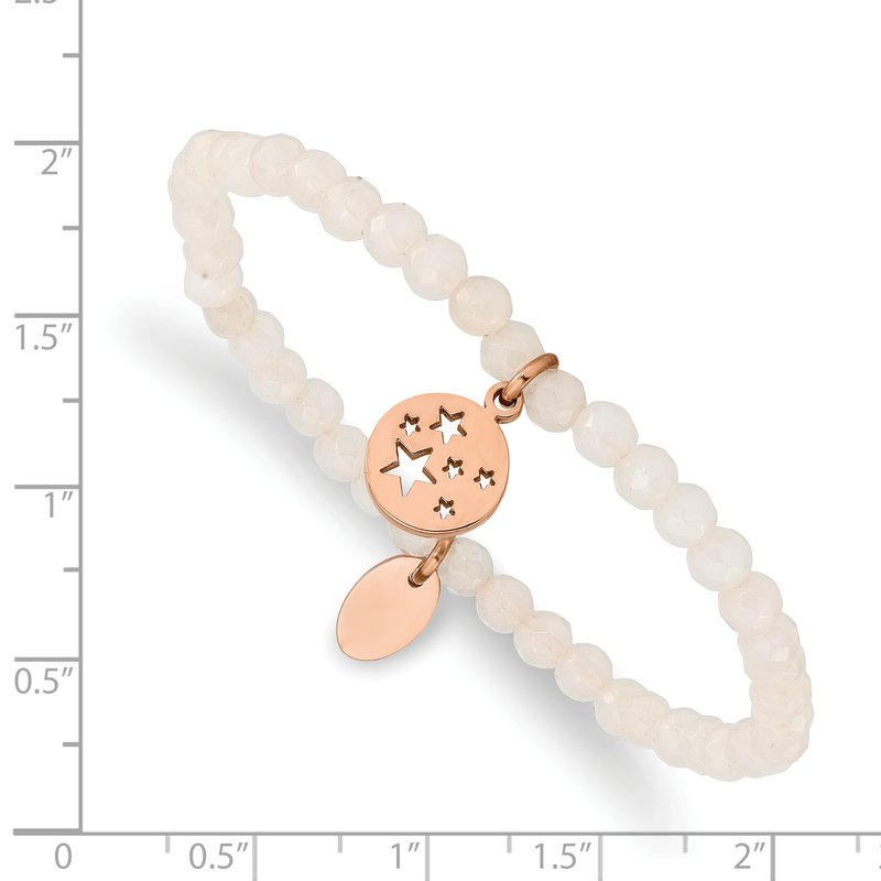 Stainless Steel Polished Rose IP-plated Stars 4mm White Jade Beaded Stretch Bracelet