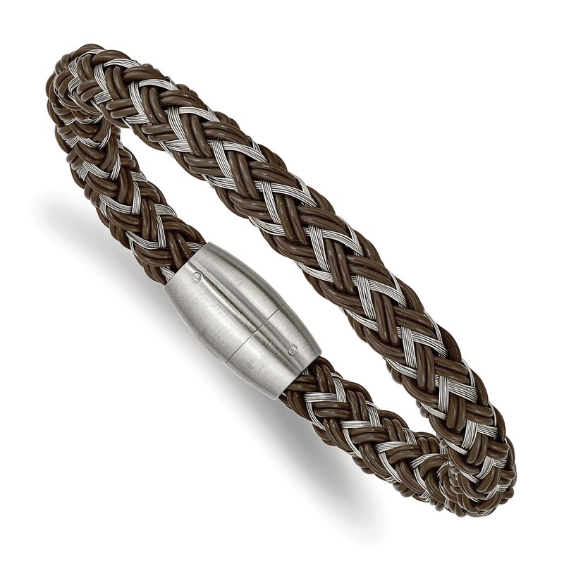 Stainless Steel Brushed Braided Wire and Brown Rubber 8.5 inch Bracelet