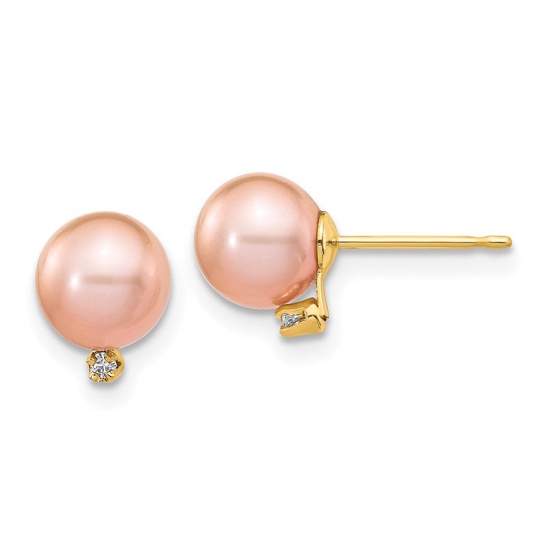 14k 5-6mm Pink Round Freshwater Cultured Pearl and .02 Carat Diamond Post Earrings