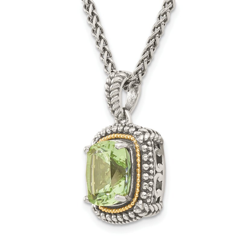 Sterling Silver with 14K Accent 18 Inch Antiqued Cushion Green Quartz Necklace