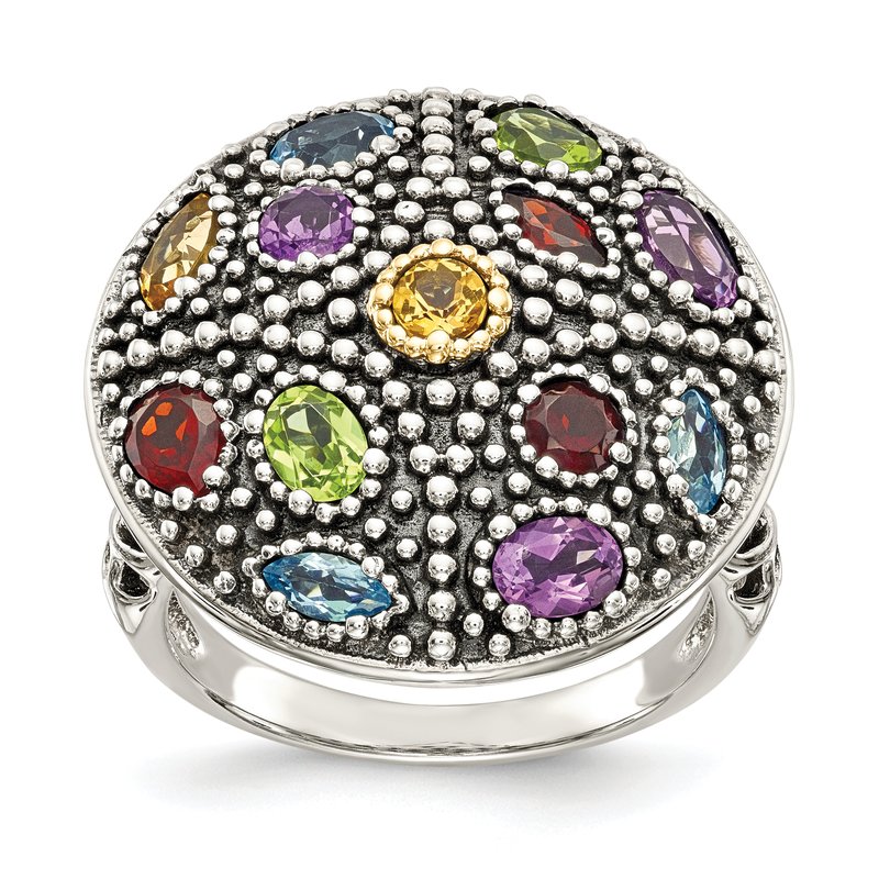 Sterling Silver with 14K Accent Antiqued .43Amethyst/.19Citrine/.32Blue Topaz/.32Peridot/.35Garnet Ring