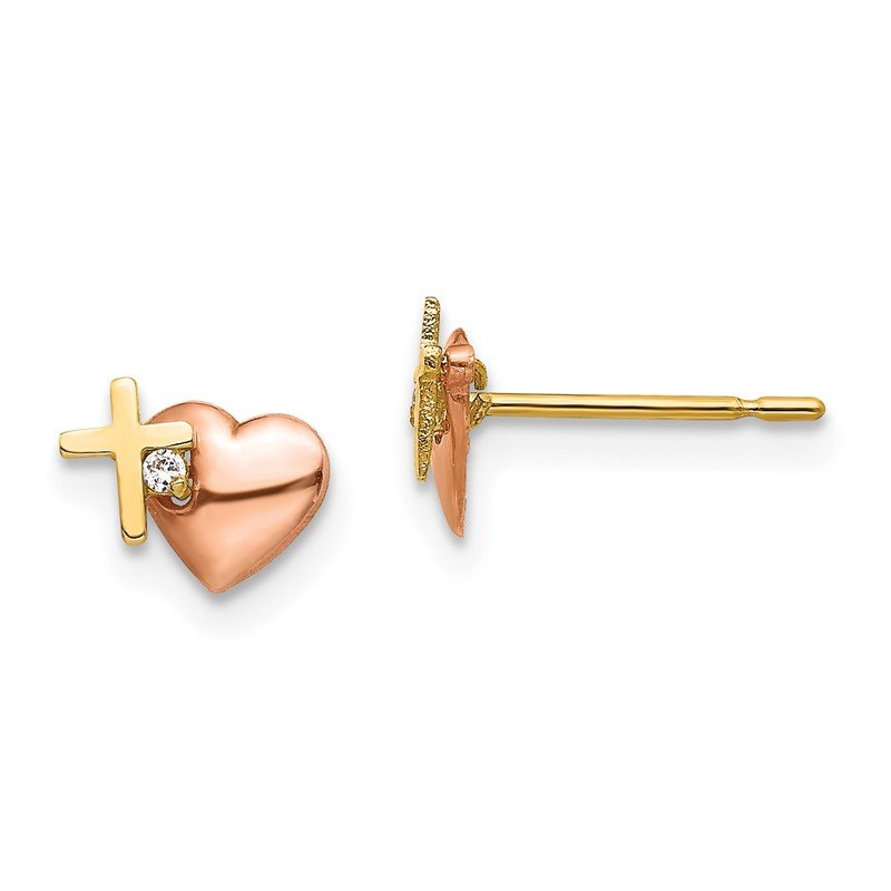 14k Yellow &amp; Rose Gold Madi K CZ Heart and Cross Post Earrings