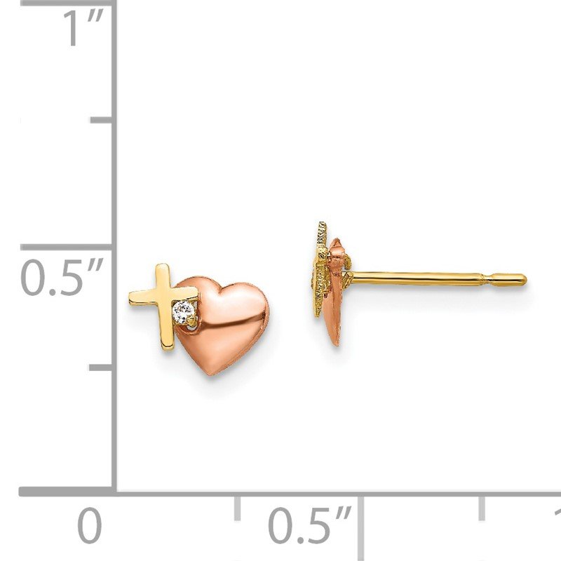 14k Yellow &amp; Rose Gold Madi K CZ Heart and Cross Post Earrings