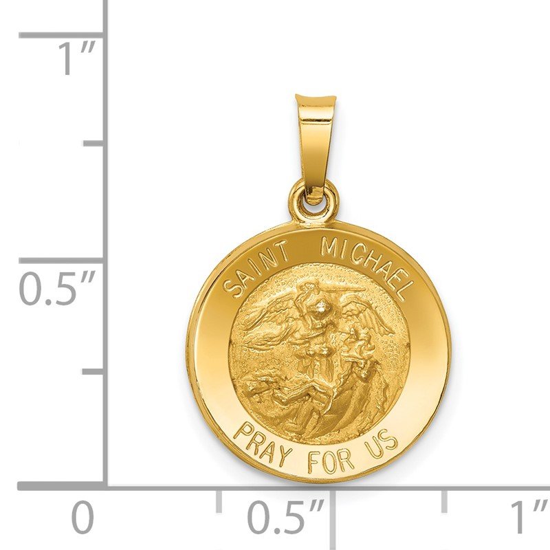 14k Polished and Satin Hollow St. Michael Medal Round Pendant