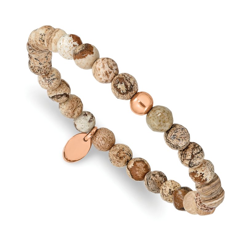 Stainless Steel Polished Rose IP-plated 6mm Brown Jasper Beaded Stretch Bracelet