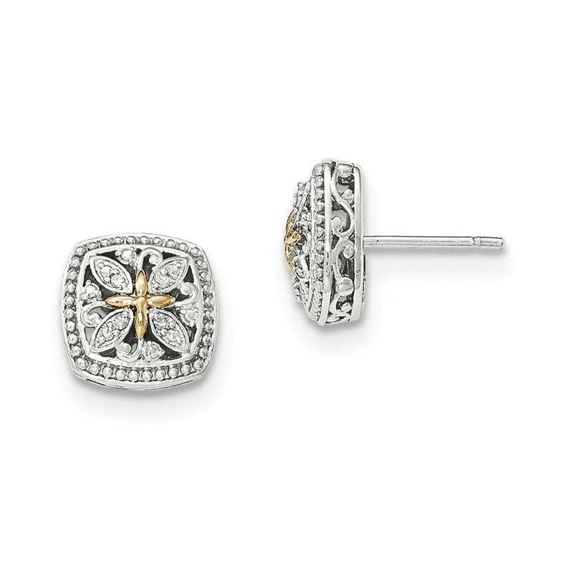 Sterling Silver Rhodium-plated with 14K Accent Diamond Vintage Post Earrings
