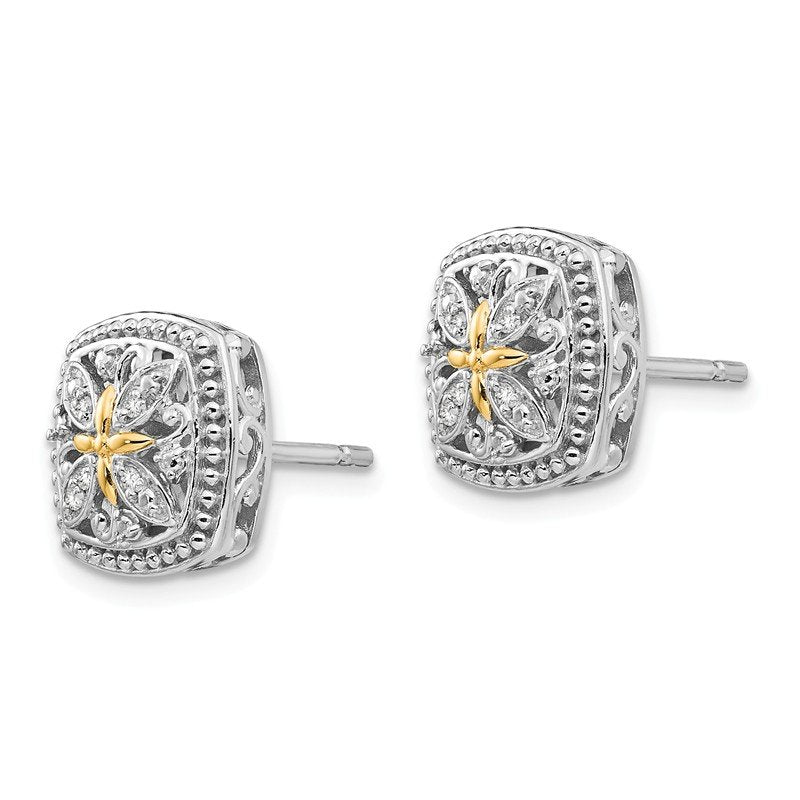 Sterling Silver Rhodium-plated with 14K Accent Diamond Vintage Post Earrings