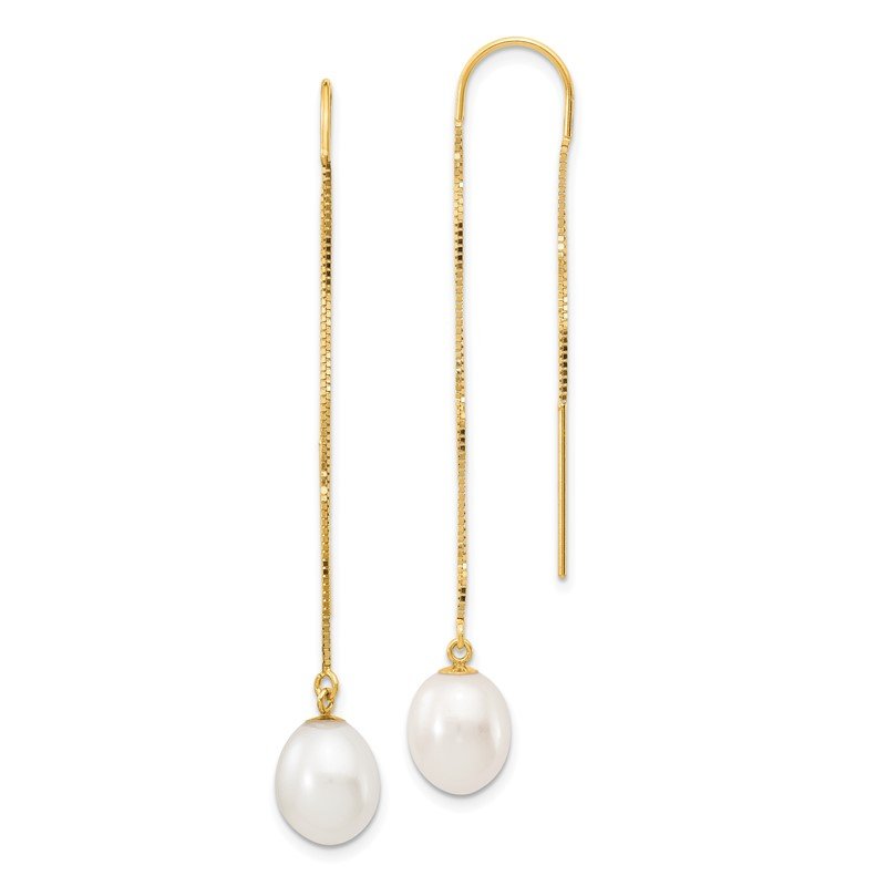 14k 7-8mm White Rice Freshwater Cultured Pearl Box Chain Threader Earrings