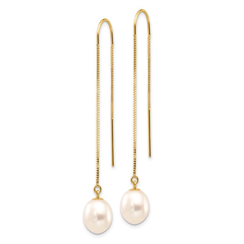 14k 7-8mm White Rice Freshwater Cultured Pearl Box Chain Threader Earrings