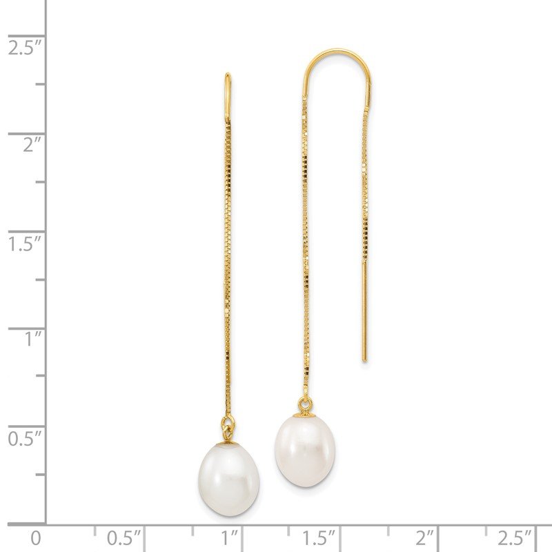 14k 7-8mm White Rice Freshwater Cultured Pearl Box Chain Threader Earrings