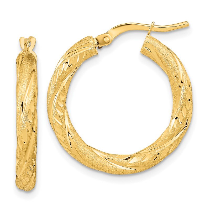 14k 3mm Polished &amp; Satin D/C Hoop Earrings