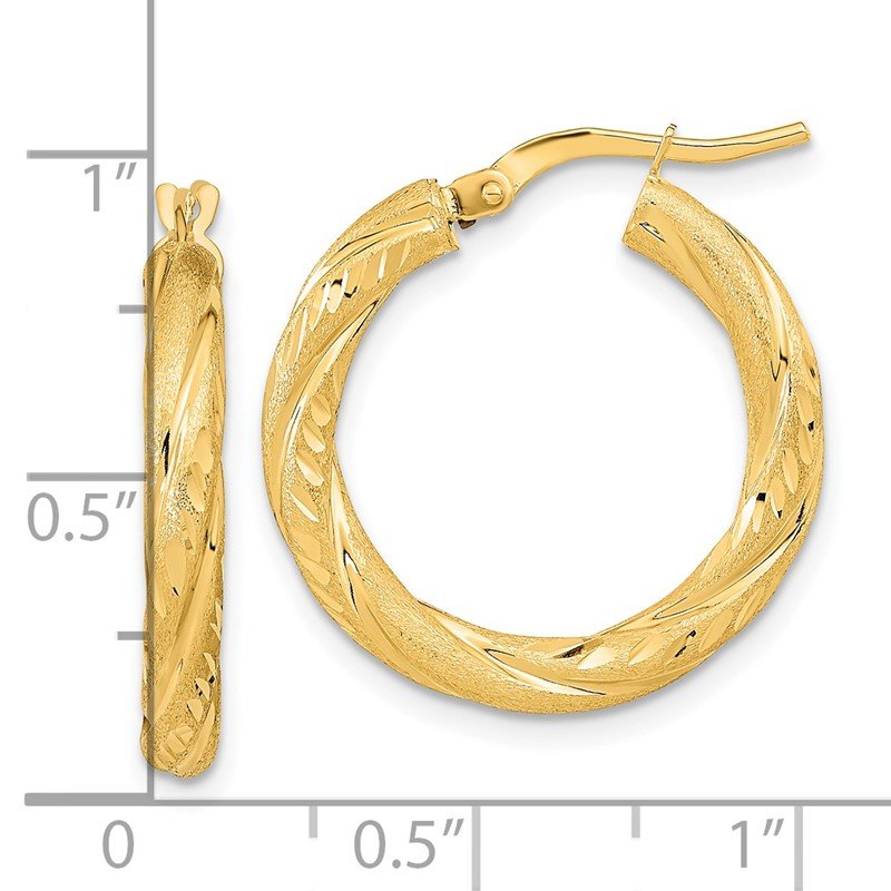 14k 3mm Polished &amp; Satin D/C Hoop Earrings