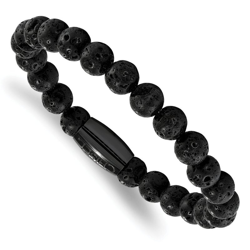 Stainless Steel Polished Black IP-plated 8mm Lava Rock Beaded Stretch Bracelet