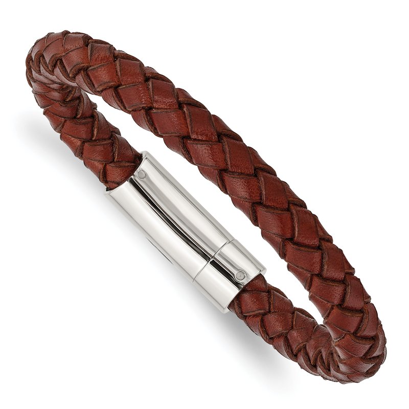 Stainless Steel Polished Brown Braided Leather 8.5 inch Bracelet