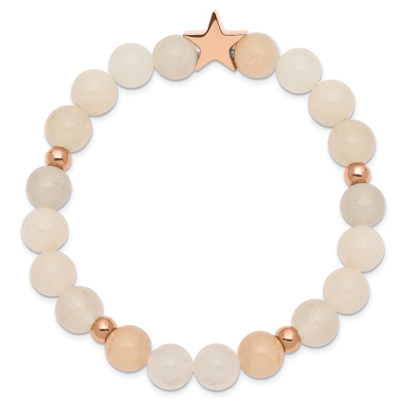 Stainless Steel Polished Rose IP-plated Star 8.5mm Pink and White Aventurine Beaded Stretch Bracelet