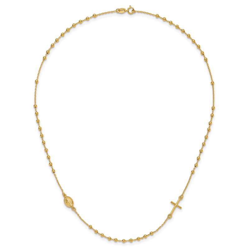 14k Polished Cross and Miraculous Medal Beaded Rosary Design 16 inch Necklace