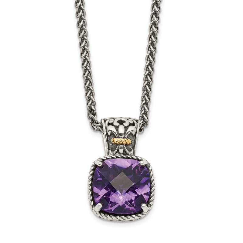 Sterling Silver with 14K Accent 18 Inch Antiqued Cushion Checkerboard Amethyst Necklace