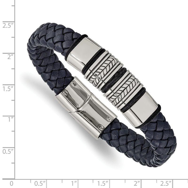 Stainless Steel Antiqued and Polished Braided Blue Leather with Black Silicone 8.25 inch Bracelet