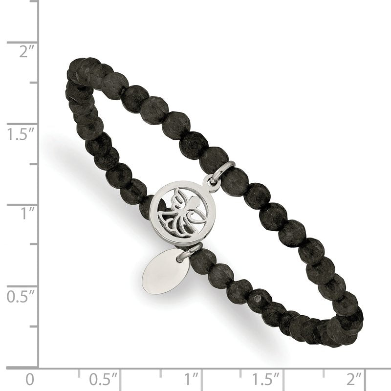 Stainless Steel Polished Angel 4mm Black Jade Beaded Stretch Bracelet