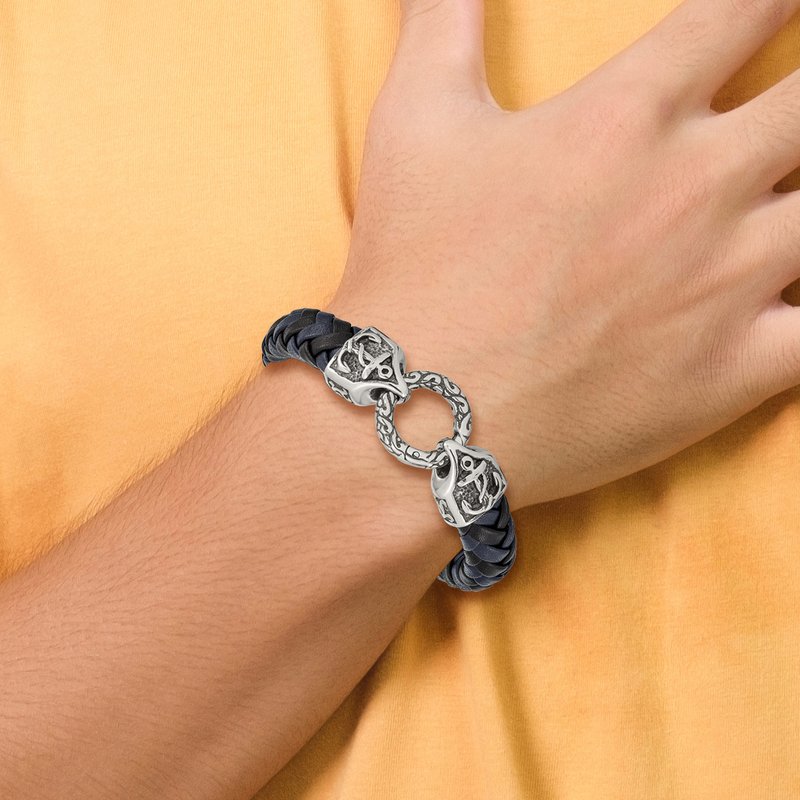Stainless Steel Antiqued and Polished Black and Blue Braided Leather 8.25 inch Bracelet