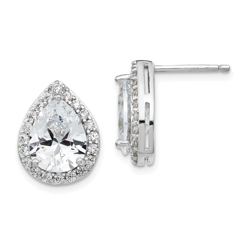 Sterling Silver Rhodium-plated Brilliant-cut Teardrop CZ Halo Post Earrings