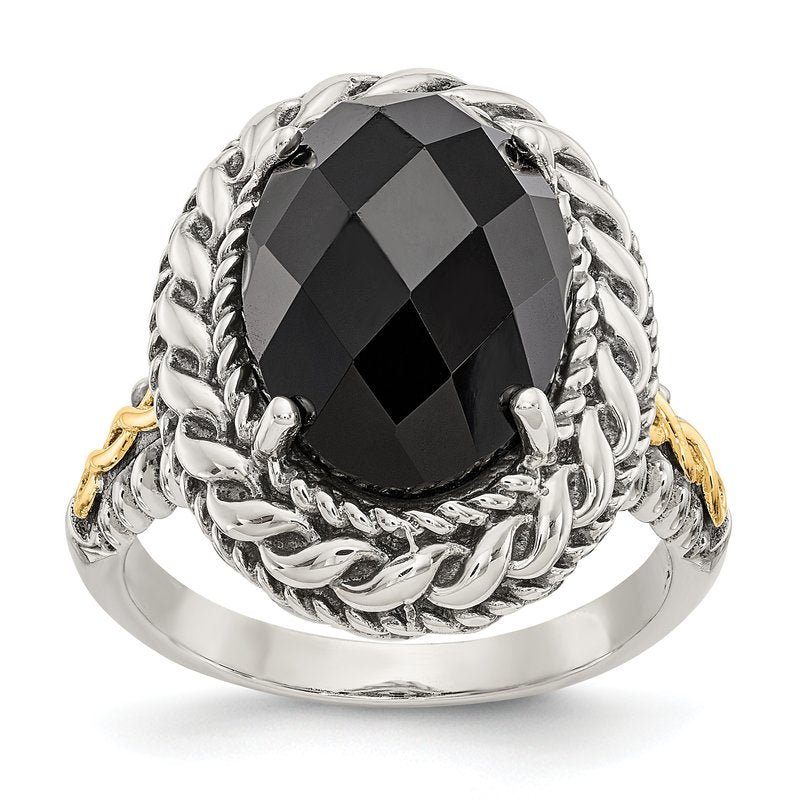 Sterling Silver with 14K Accent Antiqued Checkerboard-cut Black Onyx Ring