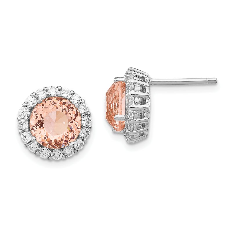Sterling Silver Rhodium-plated 100 Facet Simulated Morganite and White Brilliant-cut CZ Halo Post Earrings