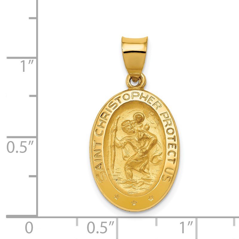 14k Polished and Satin Hollow St Christopher Medal Oval Pendant